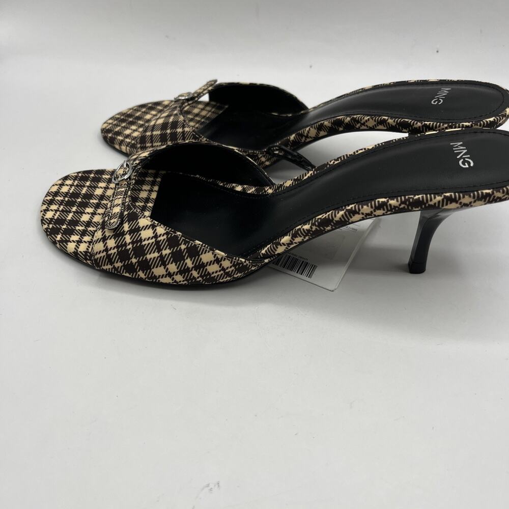 MANGO MNG Sandalia Peep Toe Kitten Heel CHECKERED SANDALS Brown Beige TRIED ON - Picture 6 of 10